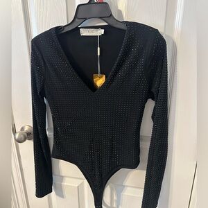 Stunning Black Studded Long Sleeve Bodysuit. NWT. Size large.